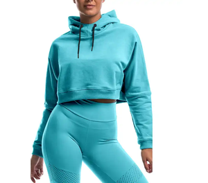 Mujeres recortadas de manga larga de cuello redondo Jogging Hoodies Short Pullover Custom Drop Shoulder Crop Top Sudaderas - Product Image 4