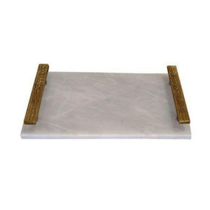 Vente en gros Plateau en marbre de luxe avec poignées élégantes en métal doré Plateau de courtoisie pour présentoir à bijoux Plateau de service en marbre avec bords dorés - Product Image 4
