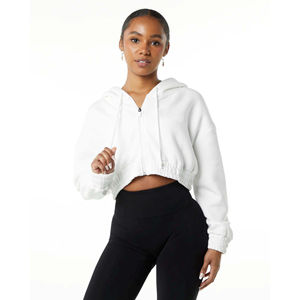 Sweat à capuche à fermeture éclair complète pour femmes blanches classiques 55% coton 45% Spandex Style d'épaule tombante surdimensionné avec pull à capuche - Product Image 1