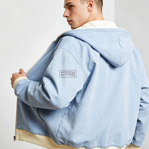 Sweat à capuche décontracté surdimensionné pour homme, tendance, bleu clair, crème, avec blocs de couleur, texture denim, coton, fermeture éclair, logo brodé personnalisé - Product Image 3
