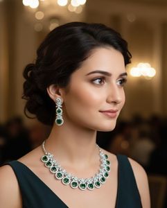 A beautiful emerald regal halo necklace & earrings set made of emerald <b>Green</b> Oval Cut Stones - Product Image 2