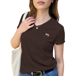 Camiseta informal de manga corta para mujer, cuello redondo, algodón suave, bordado de lazo, ajuste delgado, Top básico, ropa de moda para uso diario de verano - Product Image 1