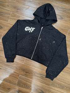 เสื้อฮู้ดดี้ครอปซิปผู้ชาย สไตล์สตรีทแวร์ฤดูหนาวแบบใหม่ ผ้าฝ้ายฟลีซโอเวอร์ไซส์ ประดับคริสตัล ลวดลายซีดจางแบบซันเฟด ลวดลายพิมพ์ดิจิทัล ล้างสีแบบแอซิดวอช - Product Image 5