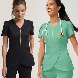 Groothandel Medische En Gezondheidswerkers V-Hals Blouse Met Pocket Korte Mouw Top Zwarte Stretch Nurisng Gear