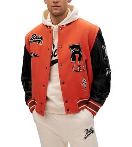 Veste à manches en cuir orange vintage pour hommes Logo personnalisé Laine Chenille Broderie Baseball Letterman Col montant pour le printemps - Product Image 1