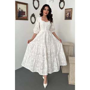 Vestido Blanco Bordado con Botones - Blanco - Product Image 1