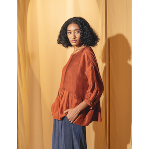 ANISHA Formal Blouse-Rust Silk Pintuck Detail Floral Solid Chiffon Linen Knitted Available XL 4XL for Office Wear Spring Autumn - Product Image 4