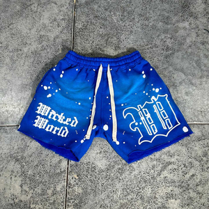 Pantalones cortos de algodón con entrepierna de 5 pulgadas personalizados para hombre, cintura media, ajuste con pintura en aerosol colorida, estampado hinchado y dobladillo de corte crudo, estilo informal - Product Image 5