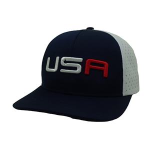 หมวกแก๊ปเลเซอร์ระบายอากาศได้ดี สีกรมท่าขาว สองสี ปักลาย USA หมวกเบสบอลแบบ Snapback ตาข่าย หมวกกอล์ฟ ขายส่ง - Product Image 1