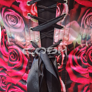 Sweetheart Neckline Sexy Womens Red Floral Print Satin <b>Corset</b> With Front Busk Closure - Product Image 5