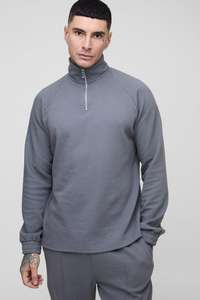 Textured Grey <b>Men's</b> Half <b>Zip</b> Pullover Sweatshirt 100% Cotton Blend Long Sleeve High Neck Casual Loose Fit Winter <b>Top</b> Hoodies - Product Image 4