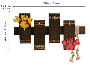 Oiseaux sur planches Warli porte-clés peint à la main en bois de Sesham 6 crochets porte-courrier monté pour la maison porte murale porte-clés - Product Image 6