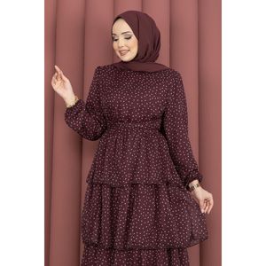 Vestido de Gasa Borgoña con Estampado de Puntos, Silueta en A Modesta con Cintura Imperio y Cinturón - Product Image 2