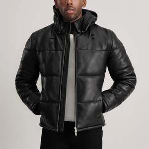 Gordon Casual Black <b>Sheepskin</b> Hooded Puffer <b>Jacket</b> with Standing Collar Zippered Embroidered Water-Proof Size XS ODM Supply - Product Image 1
