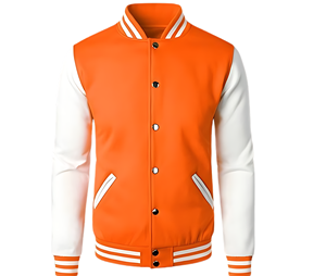 Custom Stylish Wool Blend Varsity Design Stand Snap <b>Button</b> Jacket Bomber Ribbed Cuffs Front Canvas Hem Detail High Street PU - Product Image 1