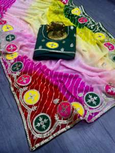 Sari en Georgette pur avec imprimé Bandhani de Jaipur et magnifique travail Gota Bangali sur le pallu et la bordure - Product Image 5