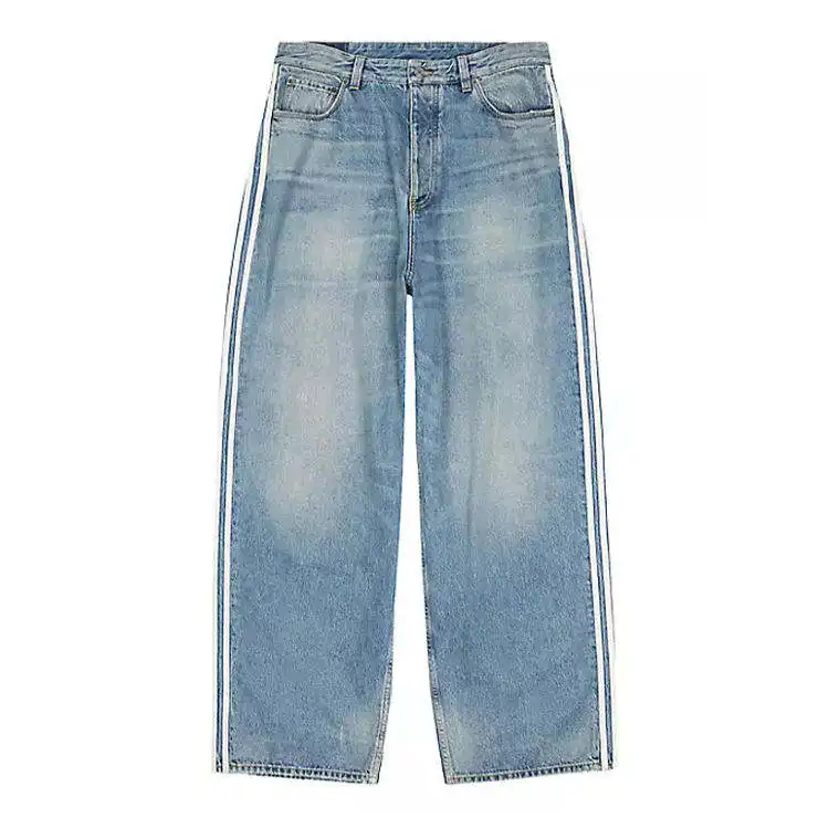 Leder Patch Streetwear breite Jeans gewaschen weites Bein Herren Jeans Hosen Mode gestreifte dekorative gerader Denim Jeans Herren