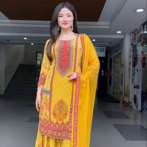 ผ้าหนาพิมพ์ลายดิจิทัลสีเหลืองหรูหราสำหรับผู้หญิงปากีสถานอินเดีย - Product Image 1