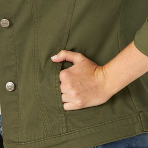 Wholesale Customizable <b>Women's</b> Green Denim Long Jean <b>Jacket</b> for Fall New Condition Wool and Fabric Material Lower Price! - Product Image 3