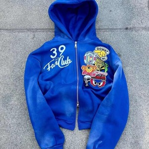 Pull-over à capuche avec fermeture à glissière personnalisée avec broderie complète Streetwear de créateur Veste à badge Boxy délavée au soleil délavé à l'acide - Product Image 5