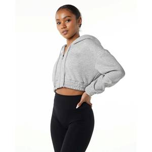 Sudadera corta con capucha para mujer, 55% algodón, 45% licra, estilo de gota, holgada, color gris, clásica, con cremallera - Product Image 3