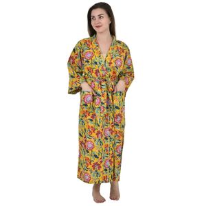 Bata de Casa Boho de Algodón Puro, Vestido de Verano Estampado a Mano Estilo Indio, Amarillo Mostaza, Rosa, con Estampado Floral, Atuendo de Lujo para Vacaciones en la Playa - Product Image 1