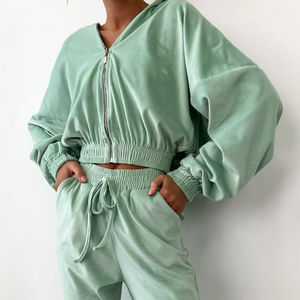 El mejor conjunto deportivo de primavera personalizado para mujer, Sudadera con capucha cortada con cremallera en blanco, en la cintura con cordón Pantalones deportivos, conjunto de 2 piezas para mujer - Product Image 4