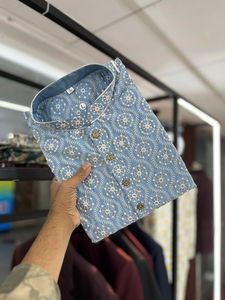 Tela de Algodón Puro con Espejo Bordado Trabajo Kurtas para Hombre - Product Image 6