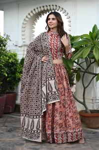 FABRIA Lehenga Choli Dupatta pour femmes indiennes traditionnelles, 100% coton, imprimé à la main, réversible, protection solaire pour mariage - Product Image 5