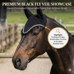 Voile anti-mouches pour cheval noir en crochet de haute qualité, confortable, avec bordure en corde argentée, protège-oreilles doux, bonnet équestre fait main pour l'équitation - Product Image 4