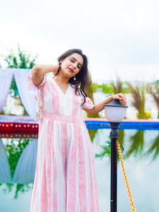 Soft Fabric 100% Cotton Pink White Boho <b>Long</b> Midi <b>Dress</b> Printed Summer V Neck <b>Party</b> Wear Lightweight <b>A</b>-Line Sundress - Product Image 1