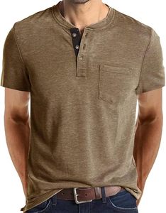 <b>Mens</b> Casual Short Sleeve Henley <b>Shirts</b> <b>with</b> <b>Pocket</b> 100% Cotton Anti-UV & Eco-Friendly - Product Image 1