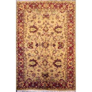One of the Kind Indian Hand-Knotted Rug 5'6 X 8'6'' Cream & <b>Red</b> Natural <b>Wool</b> & Cotton - Product Image 1