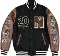 Blouson Bomber Varsity Personnalisé avec Logo Brodé, Grande Taille, Tricoté, Respirant, Écologique, Manches en Cuir et Fourrure de Mouton