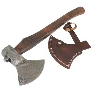 Haches en acier damassé à manche en bois polyvalent avec étui en cuir Haches à double tête pour la chasse en plein air de qualité supérieure - Product Image 1