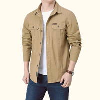Chemise décontractée pour homme en coton vert olive à manches longues avec deux poches poitrine, col rabattu, manches complètes, couleur unie, pour l'automne