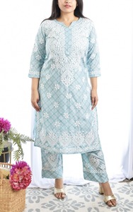 Túnica de algodón azul claro Kurti 3/4 mangas Boho étnico Top ligero Casual Wear blusa cómoda de largo largo-OEM ODM - Product Image 2