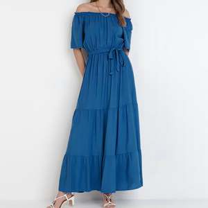 เดรสแม็กซี่เปิดไหล่สำหรับผู้หญิง, เดรสยาวสีน้ำเงินไม่มีสายคาด100% ผ้าเรยอนชุดเดรสแมกซี่ยาวถึงพื้นชายหาด - Product Image 1