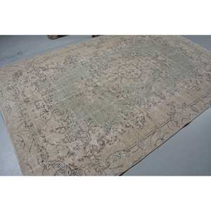 Vintage Turkish Rug Beige Green 6.3 X 9.8 ft Wool Flat Weave with Patchwork Pattern for Living Room Decorations - Product Image 2