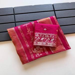 VASTRA COTTAGE Premium Pure Chinya Tissu Viscose Georgette Silver Golden Jari Jacquard Weaving Rich Pallu Hand Dyed <b>Saree</b> - Product Image 6