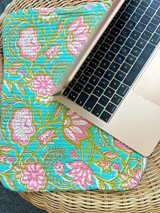 Aqua for Pink Lotus Floral <b>Quilted</b> Cotton Laptop Sleeve Cover Bag Eco-Friendly Handmade Business College Student Graduation Gift - Product Image 3