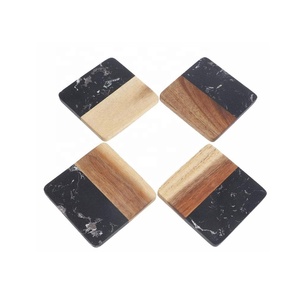 <b>Black</b> Unique Square Marble & Wood <b>Coasters</b> Set of 4 Pcs Handmade <b>Coasters</b> for Drinks Coffee Tea Home Decoration <b>Coaster</b> - Product Image 1