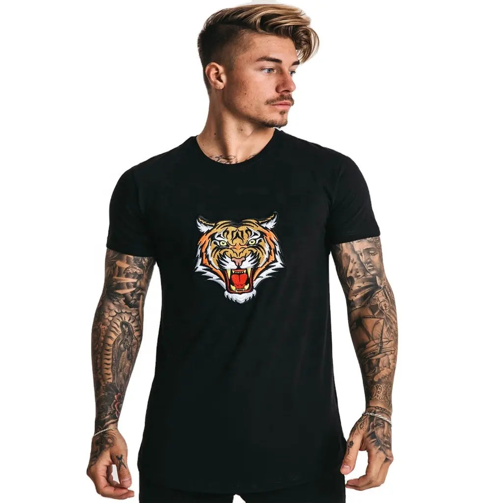 Black color men t-shirt with front tiger face embroidery in the adults sizes