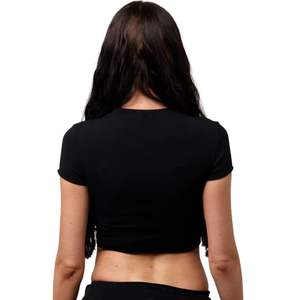 Camiseta Corta para Mujer, Negra, de Algodón Elástico, Ligera, Estilo Urbano, Ajustada, de Manga Corta, con Logotipo Minimalista - Product Image 4