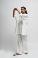 Conjunto de Algodón Natural Blanco con Blusa Abotonada y Pantalones Ropa de Mujer Camisa Abotonada Holgada y Pantalón Atuendo Suelto para Mujer