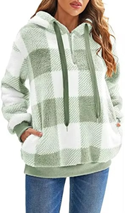 Conjunto de Sudadera con capucha Sherpa para mujer de alta calidad, ropa de abrigo de punto a cuadros de gran tamaño, cremallera, estampado informal, longitud corta, venta al por mayor - Product Image 4