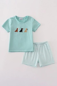 Ensemble short de chasse pour chiot brodé à rayures vertes Vêtements pour garçons confortables pour les tout-petits Collection d'été au design de chien mignon - Product Image 5