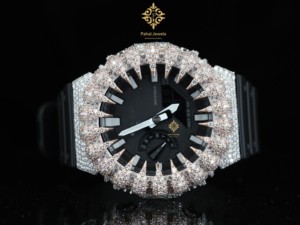 Caja de Reloj con Diseño de Diamantes Moissanite VVS D de Lujo, con Incrustaciones, para Reloj Digital GA2100 con Esfera Dorada, Pantalla con Fecha y Alarma, Correa de Goma - Product Image 2