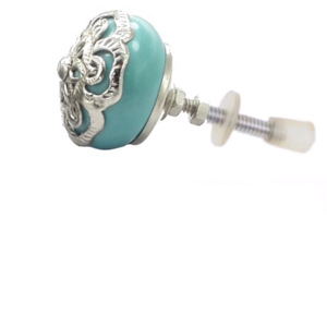 ลูกบิดเซรามิกลายดอกไม้สีเงินสไตล์โมร็อกโกลูกบิดลิ้นชักสีเทอร์ควอยซ์แบบดึงสำหรับเฟอร์นิเจอร์ - Product Image 2