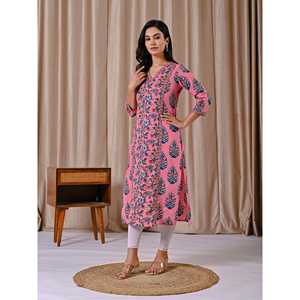 Kurti Rosa de Algodón con Estampado de Bloques, Corte Recto, para Uso Diario y Fiestas, Estilo Saree Indio, Ropa India Cosida al Estilo Pakistaní - Product Image 6